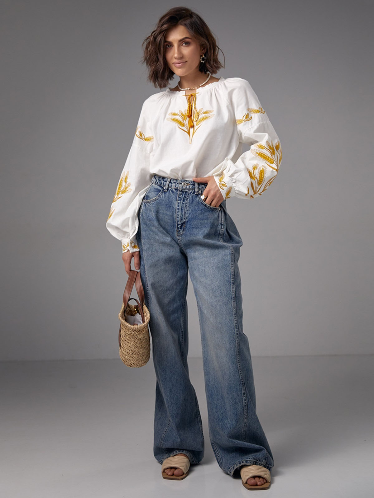 Бавовняна блуза молочна з вишивкою Колоски | 79773 Бавовняна блуза молочна з вишивкою Колоски | 79773