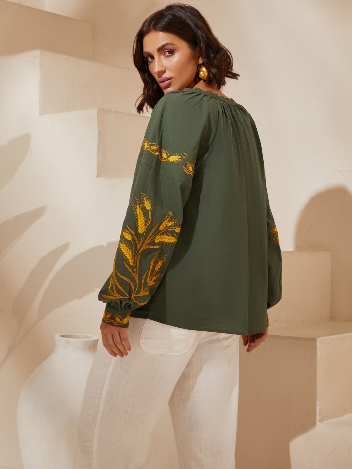 Бавовняна блуза зелена з вишивкою Колоски | 79763 Бавовняна блуза зелена з вишивкою Колоски | 79763