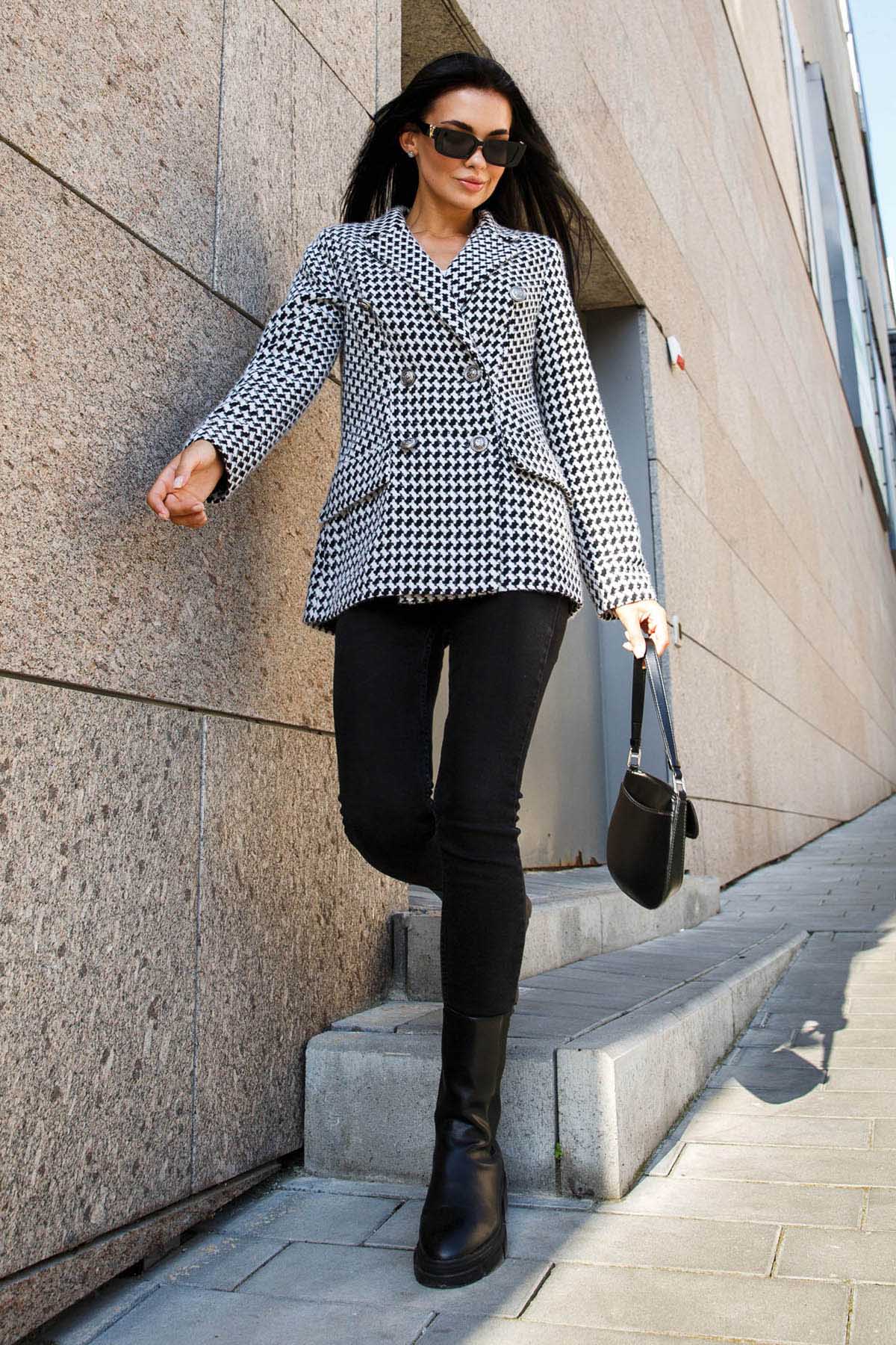 Твідовий двобортний піджак чорно-білий | 78520 Твідовий двобортний піджак чорно-білий | 78520