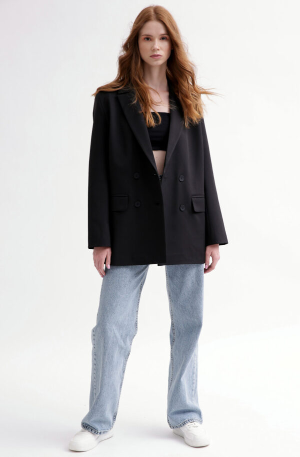 Двобортний подовжений піджак чорний | 79801