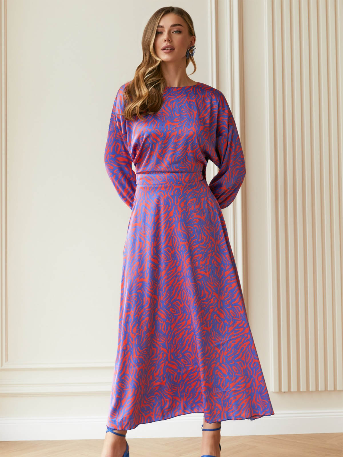 Довга шовкова сукня-кльош синьо-рожева | 80289 Довга шовкова сукня-кльош синьо-рожева | 80289