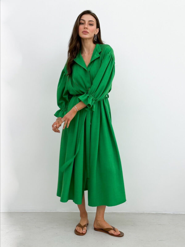 Лляна довга сукня-сорочка зелена оверсайз | 80586
