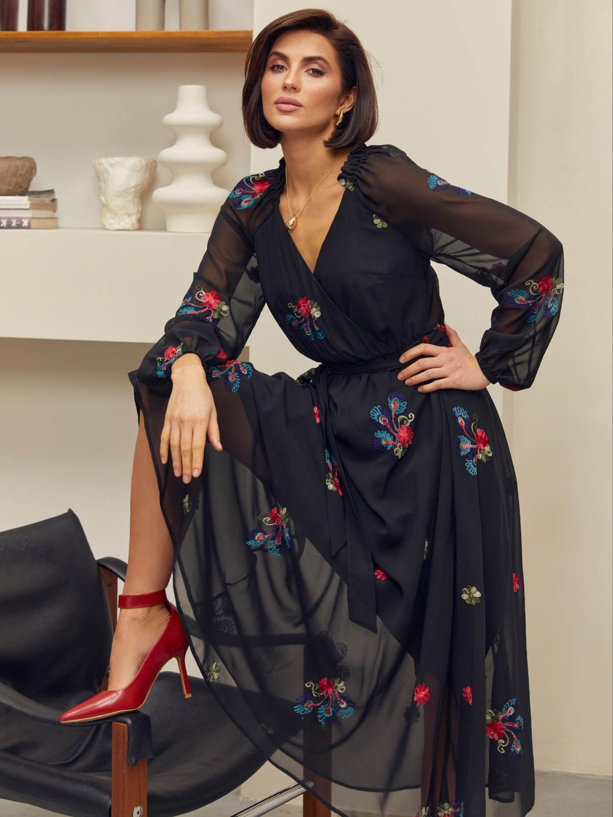 Довга шифонова сукня чорна з вишивкою | 79966