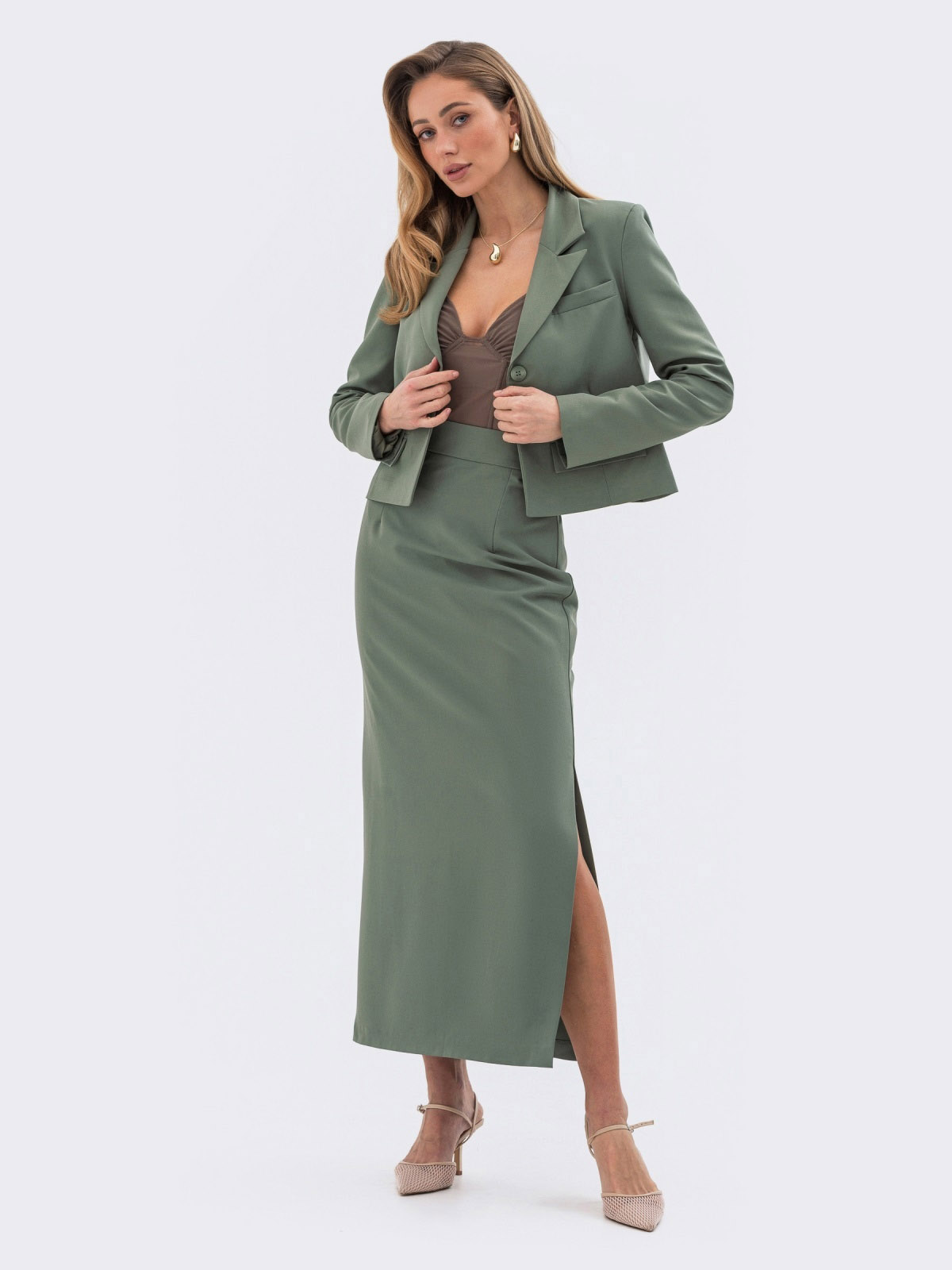 Жіночий костюм-двійка зі спідницею зелений | 80990