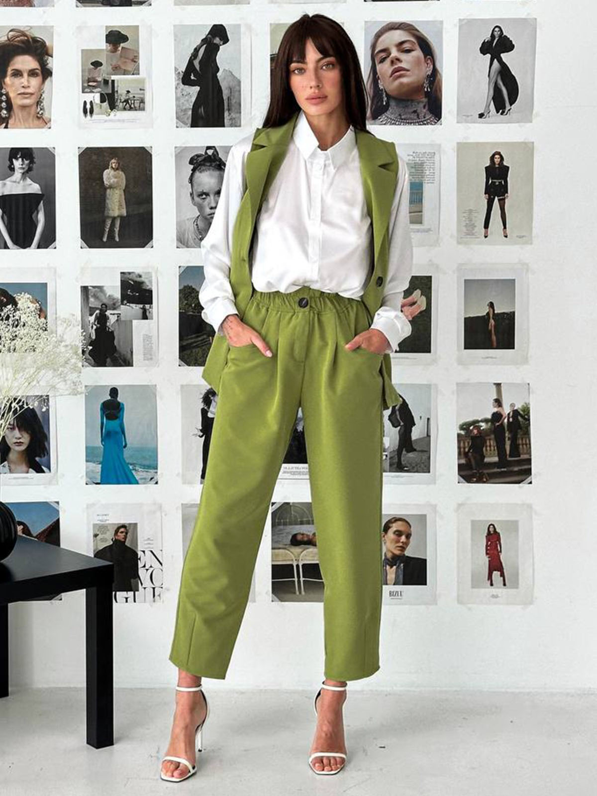 Костюм зі штанами та жилетом оливковий | 81001