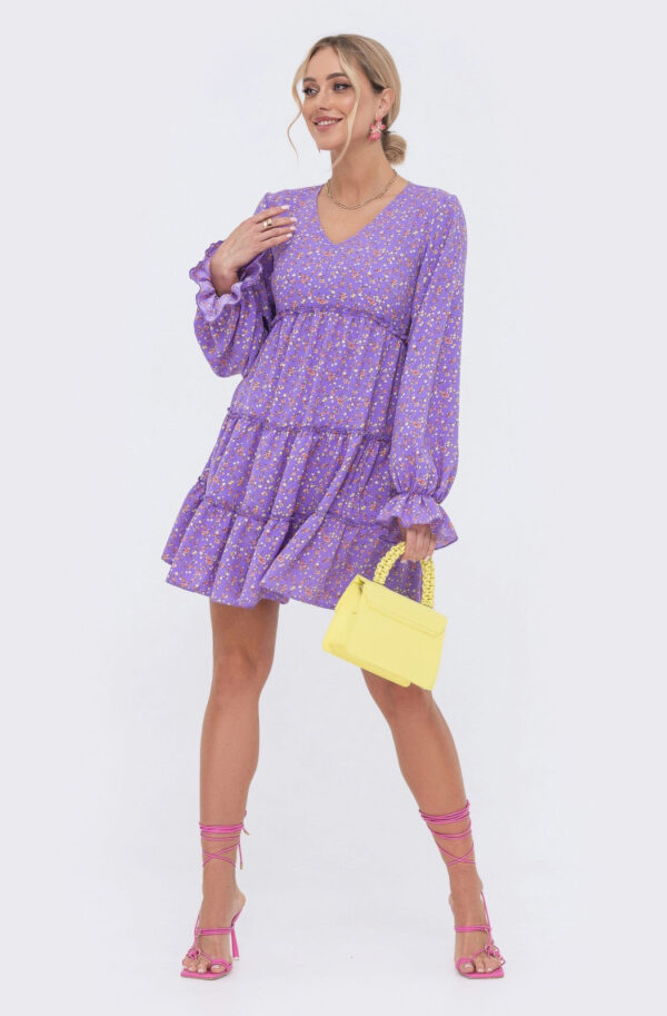 Вільна сукня-трапеція міні в бузковий принт | 80095