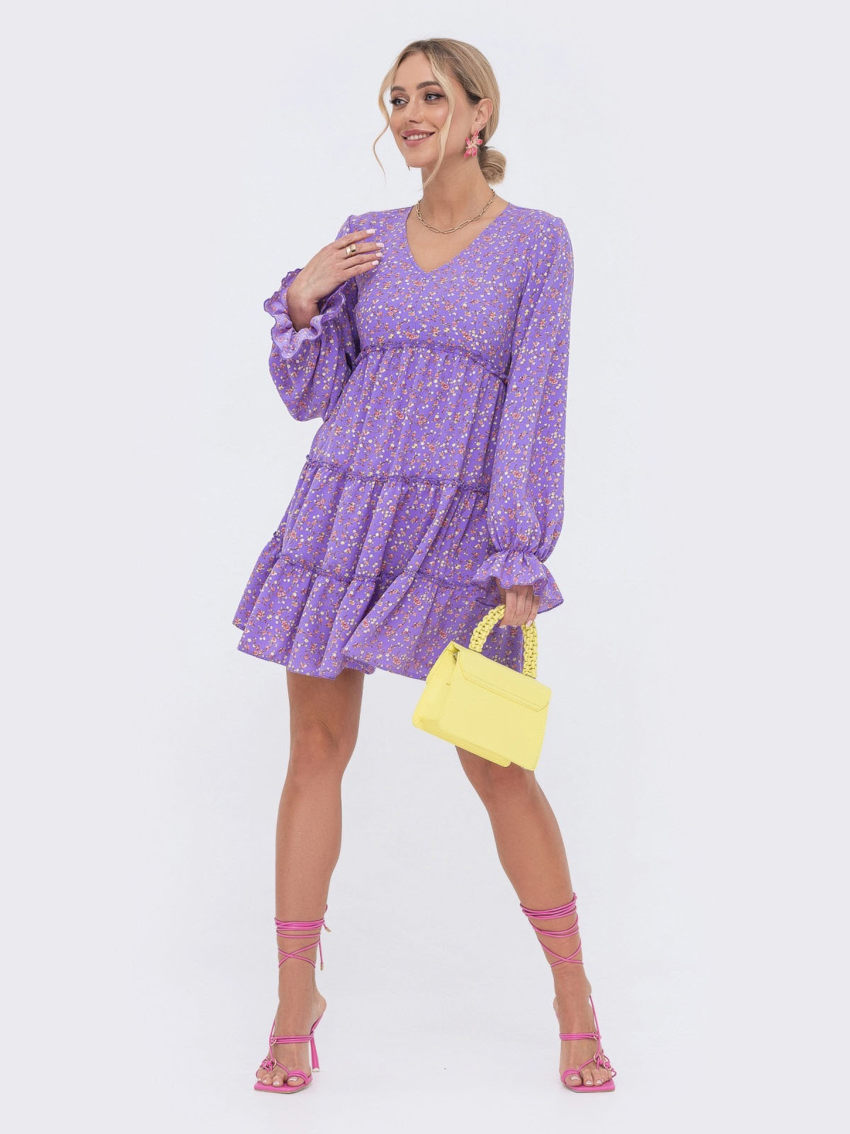 Вільна сукня-трапеція міні в бузковий принт | 80095 Вільна сукня-трапеція міні в бузковий принт | 80095