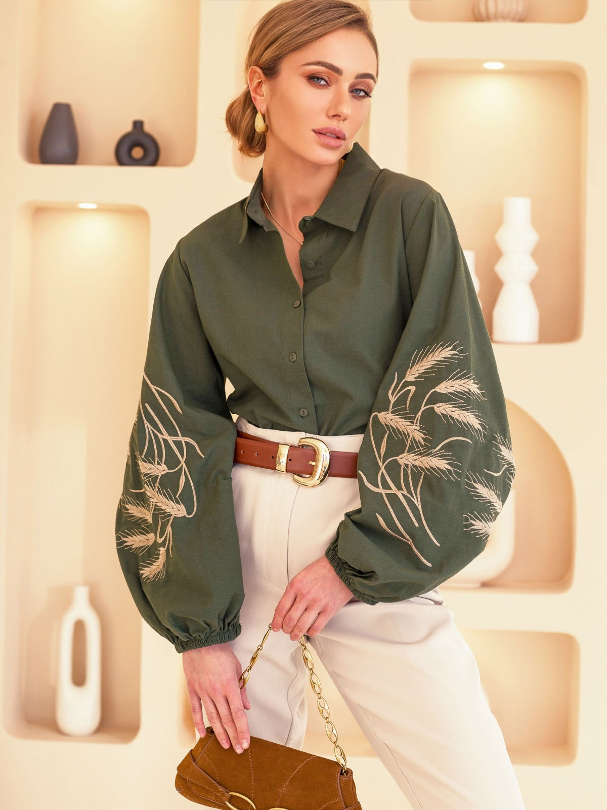 Сорочка хакі з вишивкою Колоски | 79986