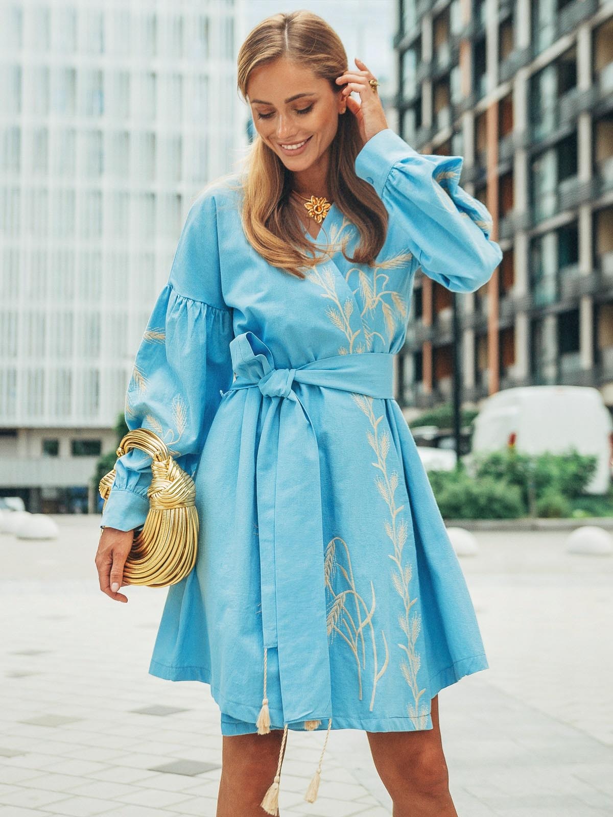 Сукня-кімоно блакитна з вишивкою Колоски | 80263 Сукня-кімоно блакитна з вишивкою Колоски | 80263
