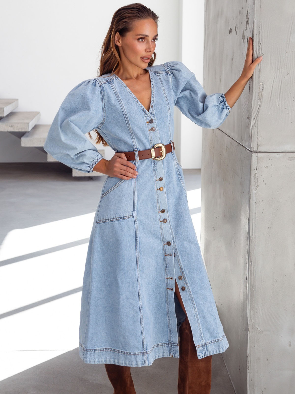 Повсякденна сукня джинсова блакитна міді | 80394