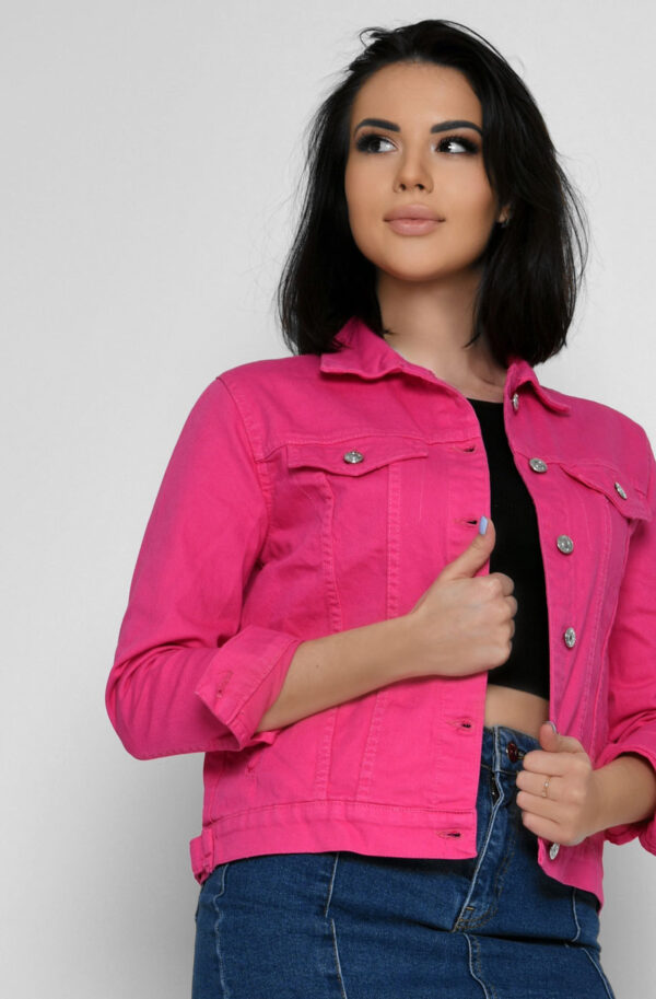 Жіноча коротка джинсова куртка малинова | 80335