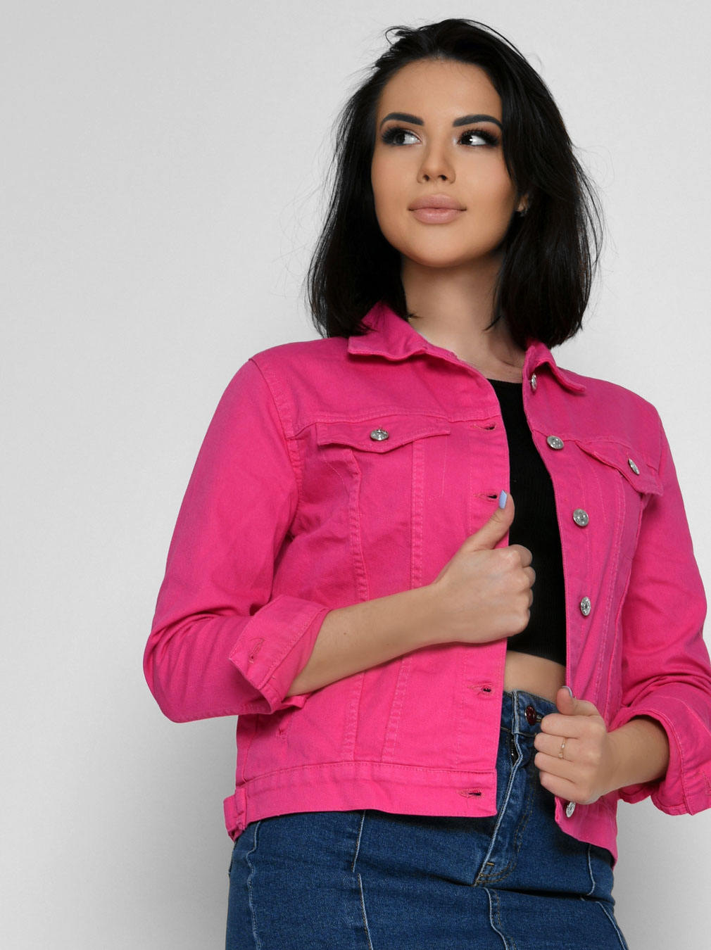 Жіноча коротка джинсова куртка малинова | 80335
