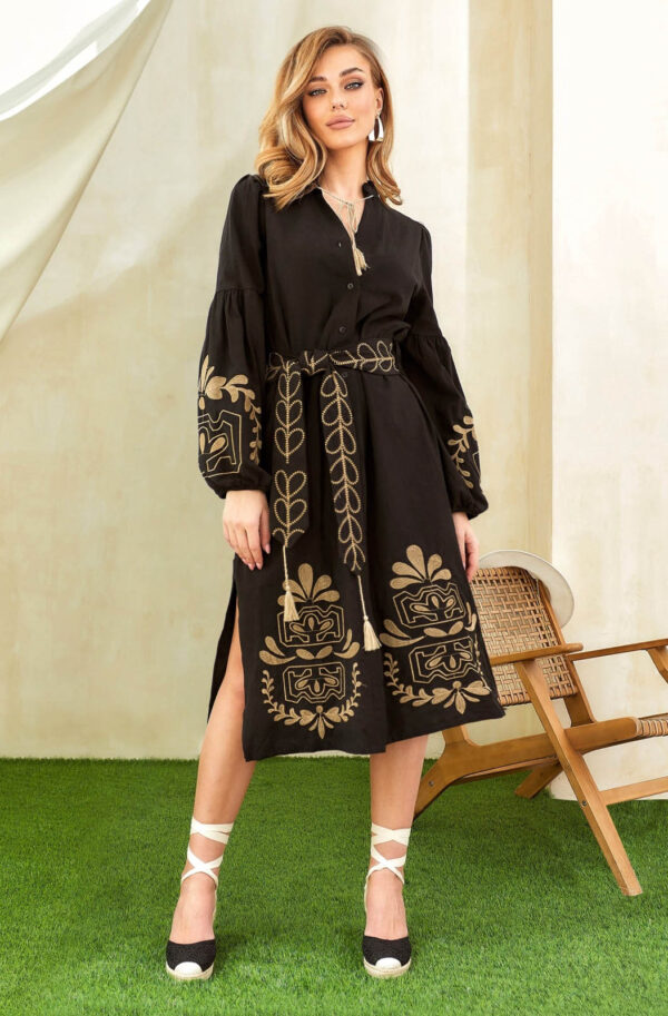 Бавовняна сукня чорна з бежевою вишивкою | 81142