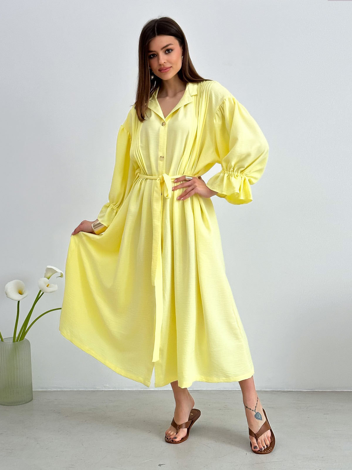 Літнє довге плаття-сорочка лимонне оверсайз | 80601