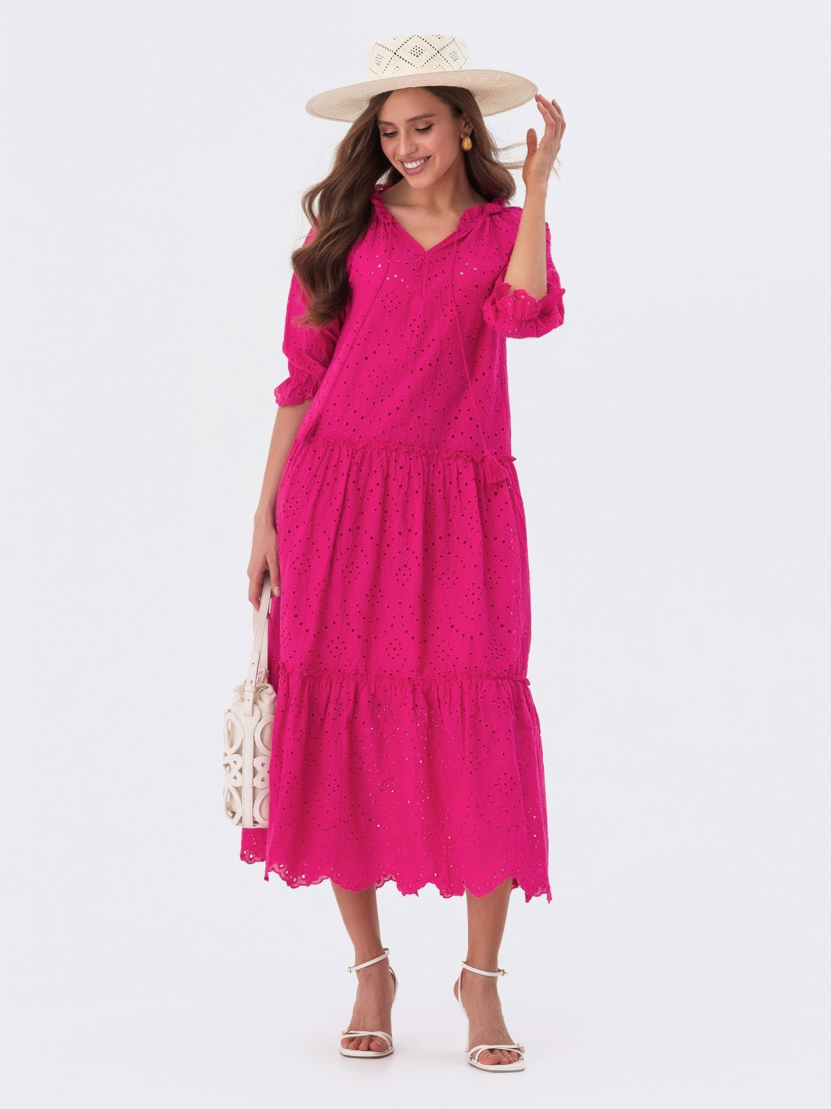 Літня сукня з прошви фуксія вільного крою | 80056 Літня сукня з прошви фуксія вільного крою | 80056
