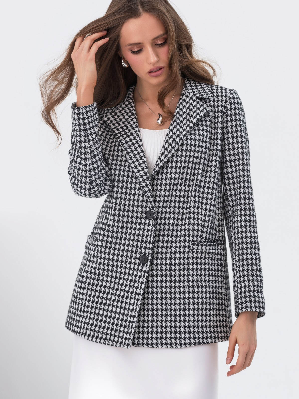 Двобортний піджак чорно-білий в гусячу лапку | 79949 Двобортний піджак чорно-білий в гусячу лапку | 79949