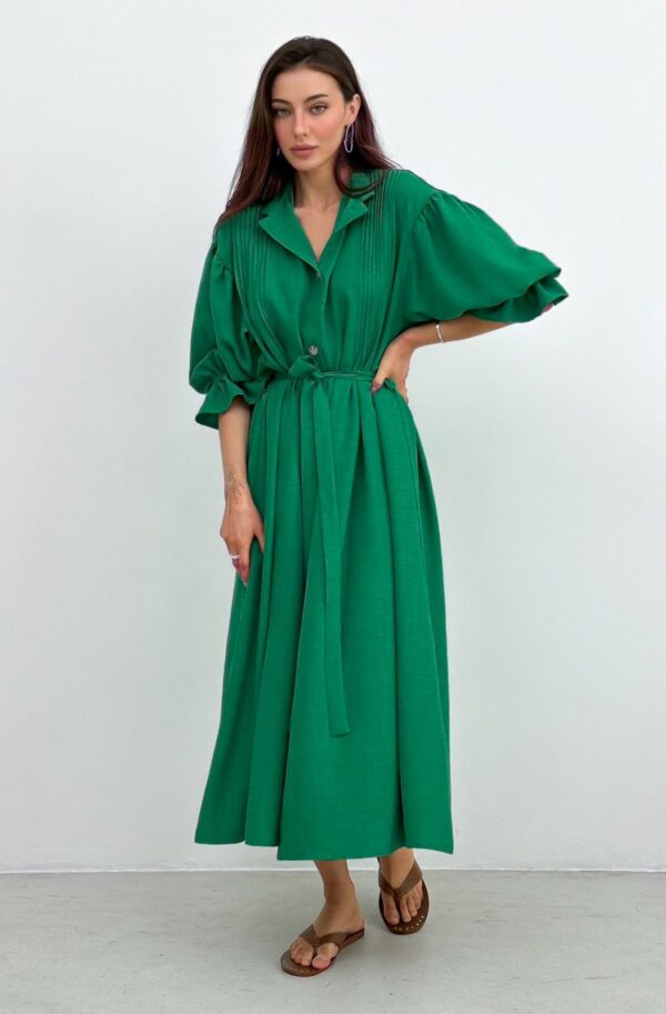 Лляна довга сукня-сорочка зелена оверсайз | 80586