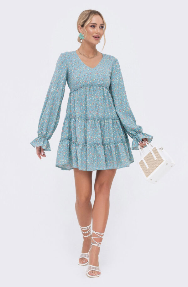Плаття-трапеція блакитний принт з V-вирізом | 80071