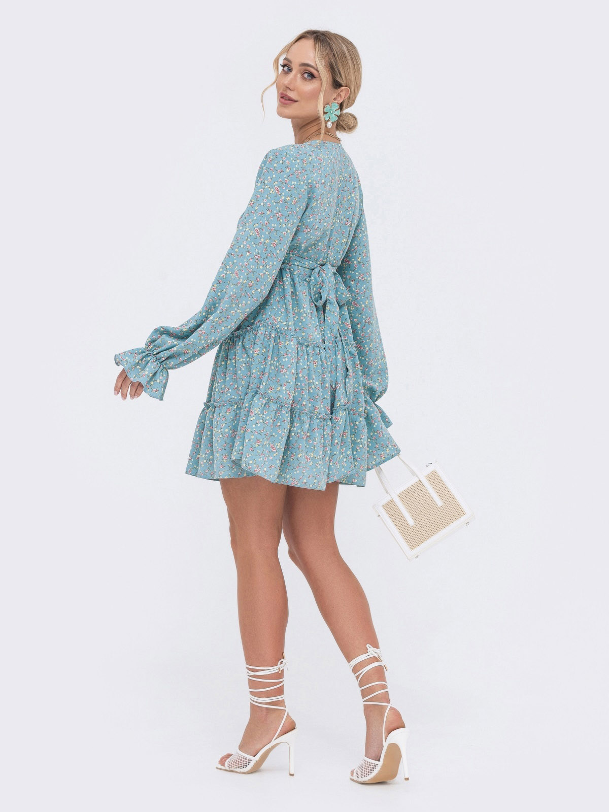 Плаття-трапеція блакитний принт з V-вирізом | 80071