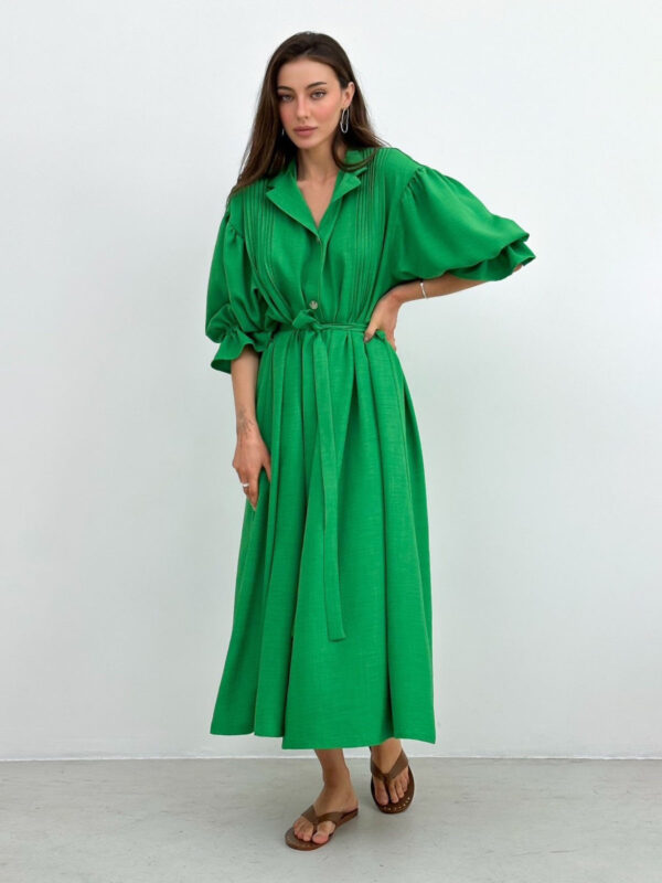 Лляна довга сукня-сорочка зелена оверсайз | 80586