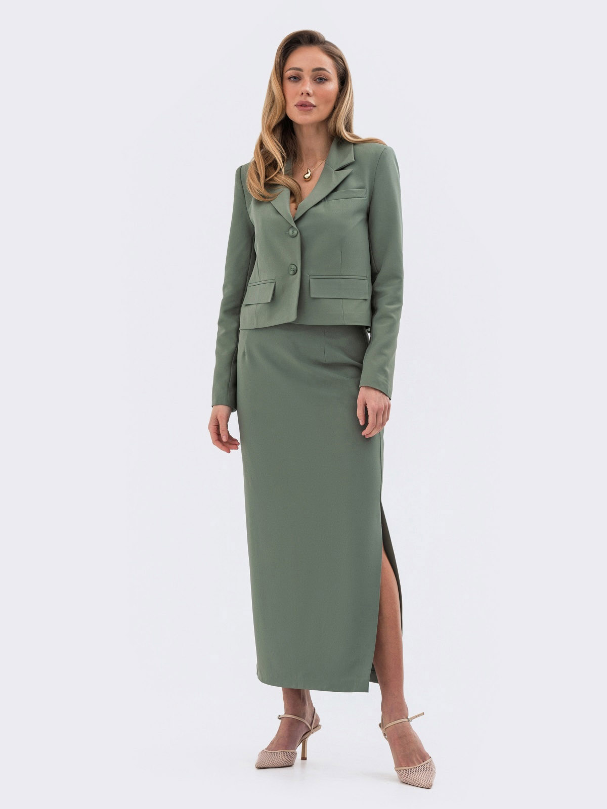 Жіночий костюм-двійка зі спідницею зелений | 80990