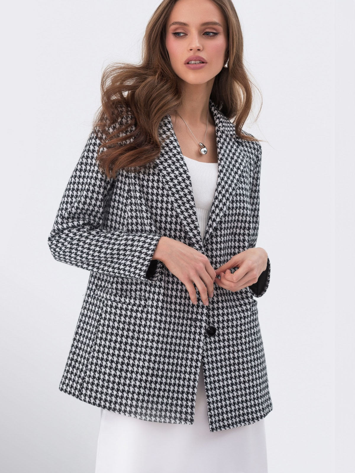 Двобортний піджак чорно-білий в гусячу лапку | 79949 Двобортний піджак чорно-білий в гусячу лапку | 79949