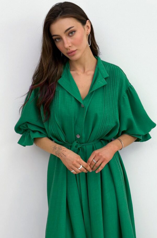 Лляна довга сукня-сорочка зелена оверсайз | 80586