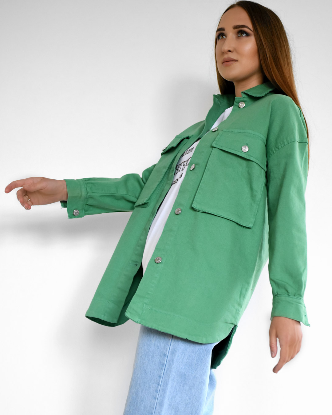 Джинсова куртка-сорочка зелена oversize | 80313 Джинсова куртка-сорочка зелена oversize | 80313