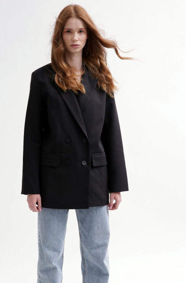 Двобортний подовжений піджак чорний | 79801