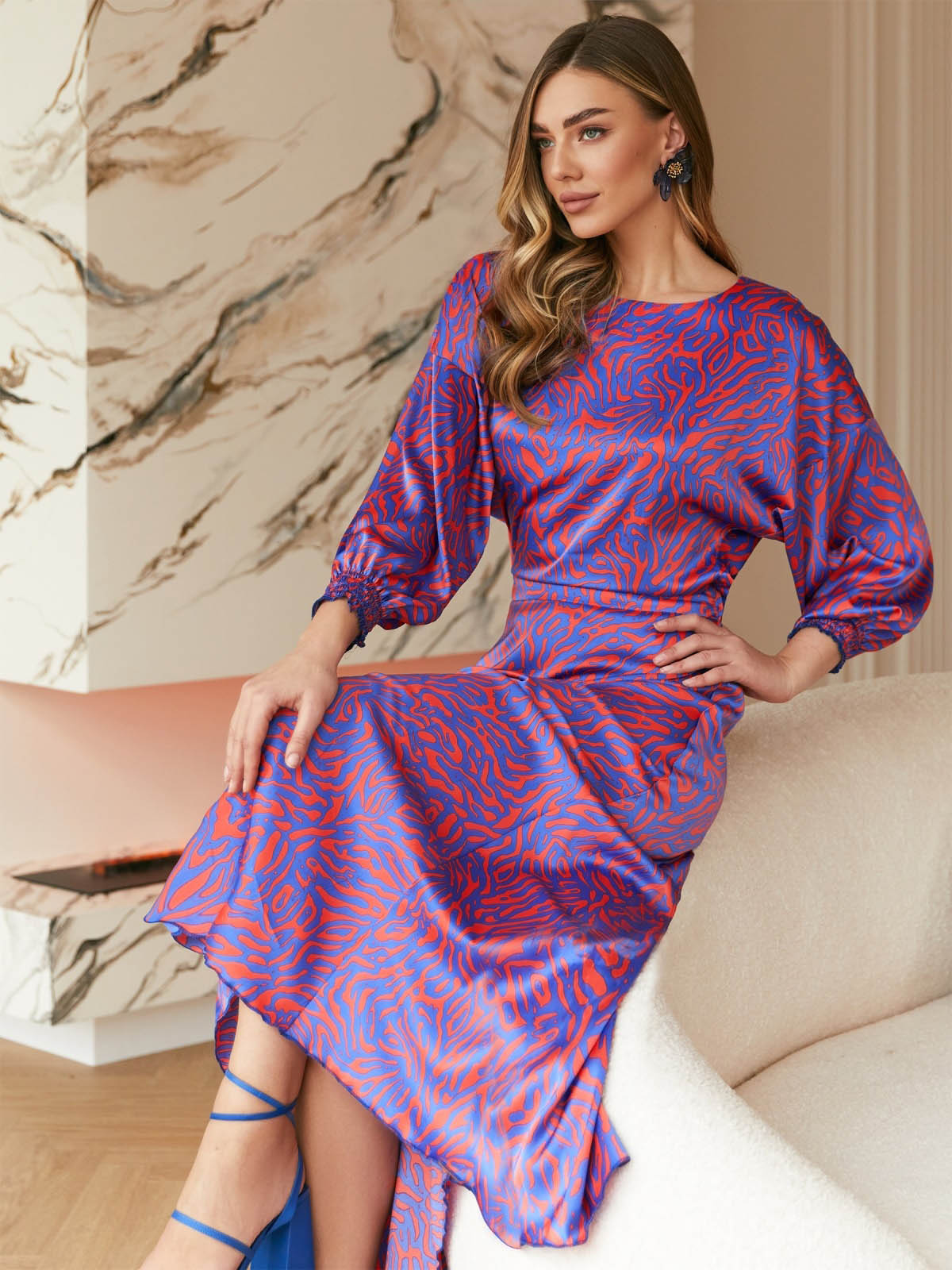 Довга шовкова сукня-кльош синьо-рожева | 80289 Довга шовкова сукня-кльош синьо-рожева | 80289