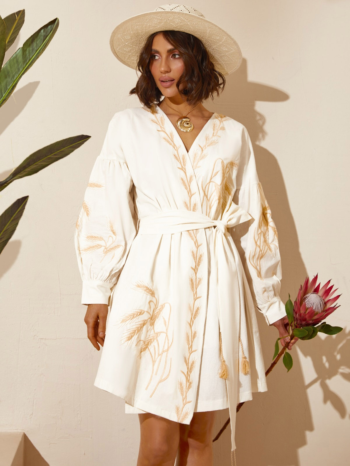 Сукня-кімоно біла з вишивкою Колоски | 80036