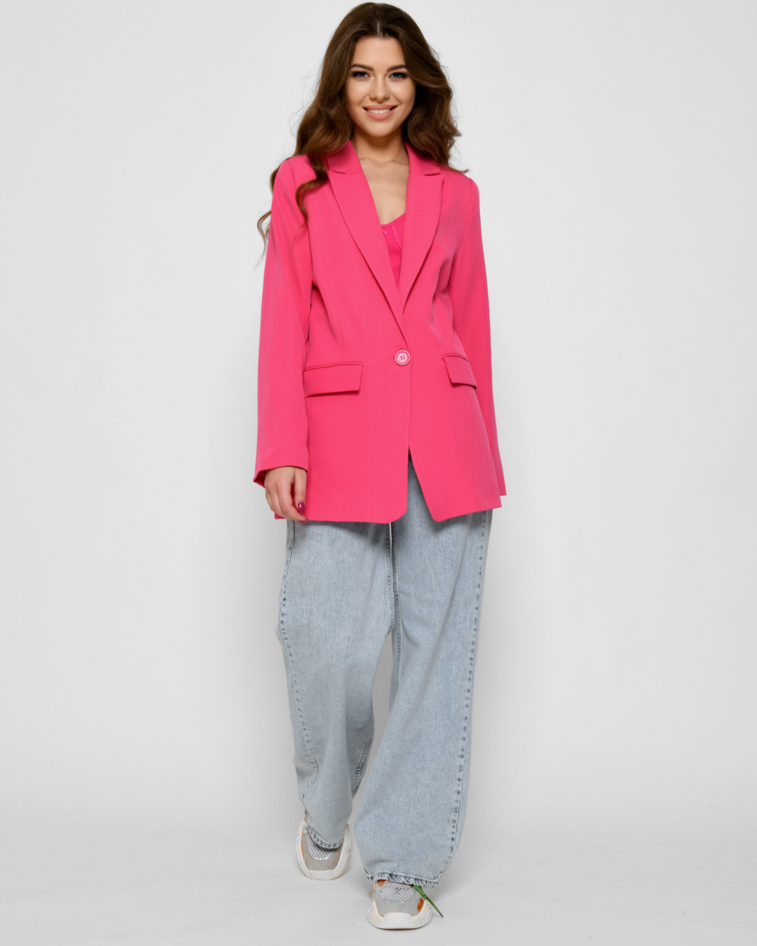 Подовжений жіночий піджак яскраво-рожевий | 79817 Подовжений жіночий піджак яскраво-рожевий | 79817