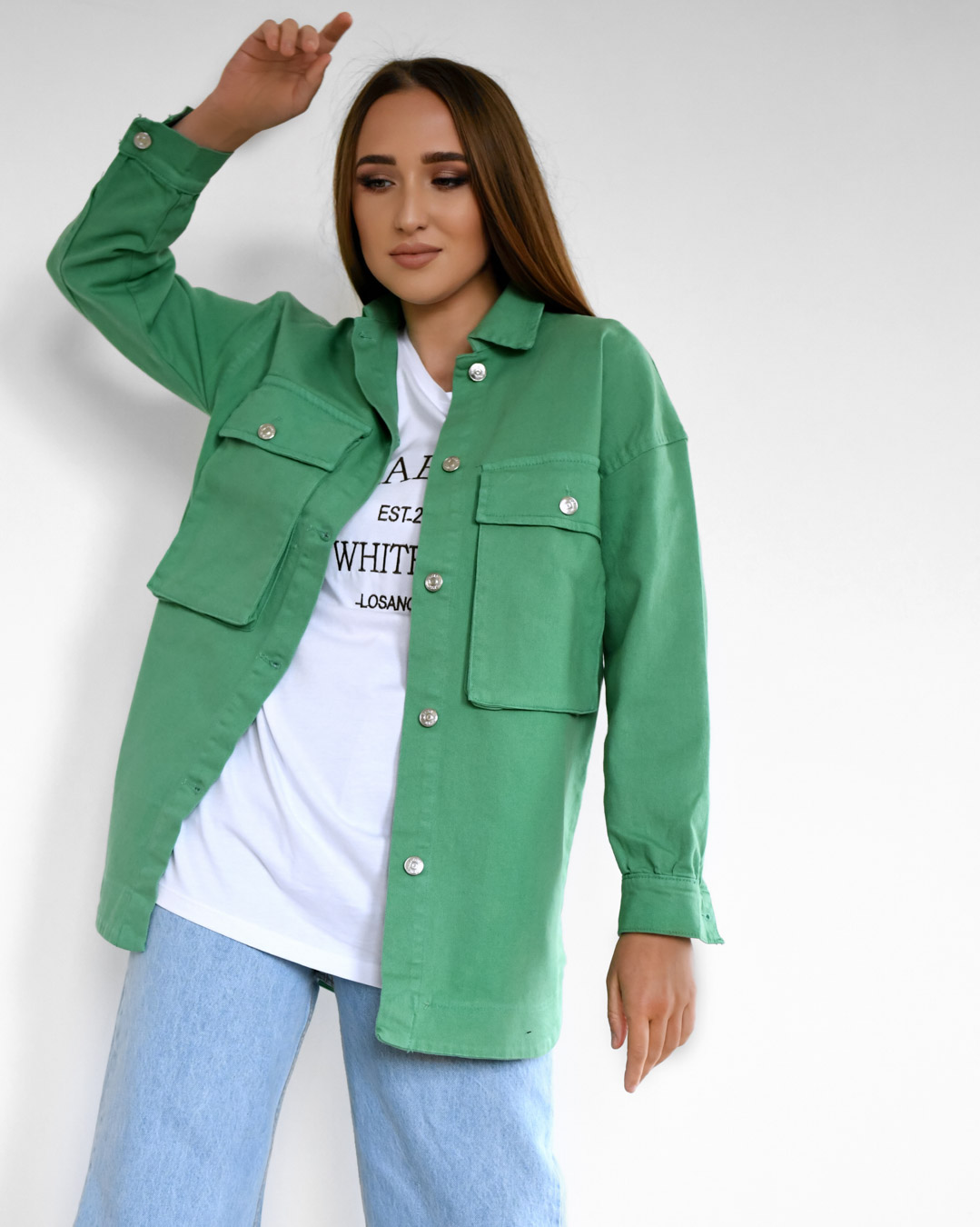 Джинсова куртка-сорочка зелена oversize | 80313 Джинсова куртка-сорочка зелена oversize | 80313
