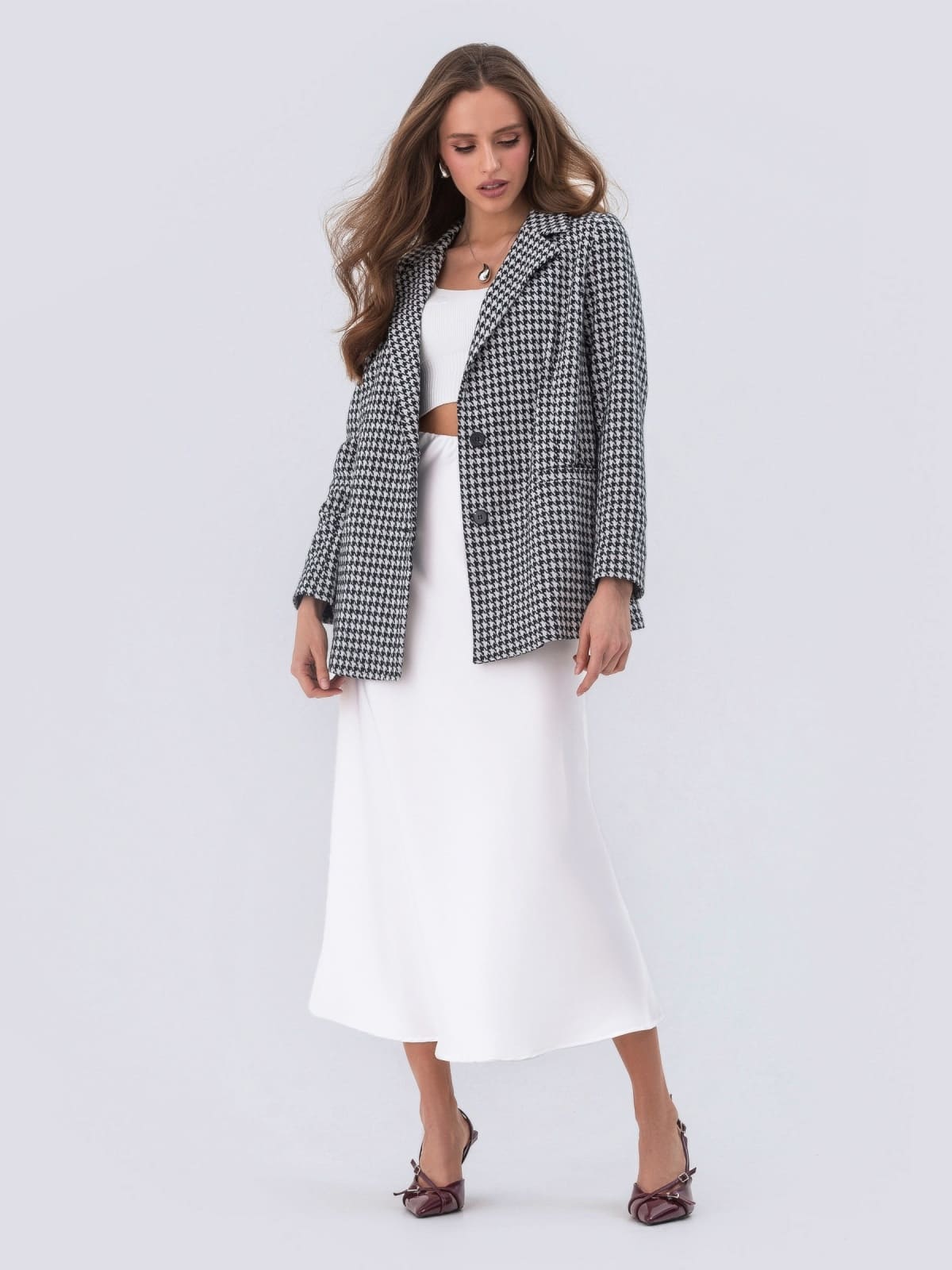 Двобортний піджак чорно-білий в гусячу лапку | 79949 Двобортний піджак чорно-білий в гусячу лапку | 79949
