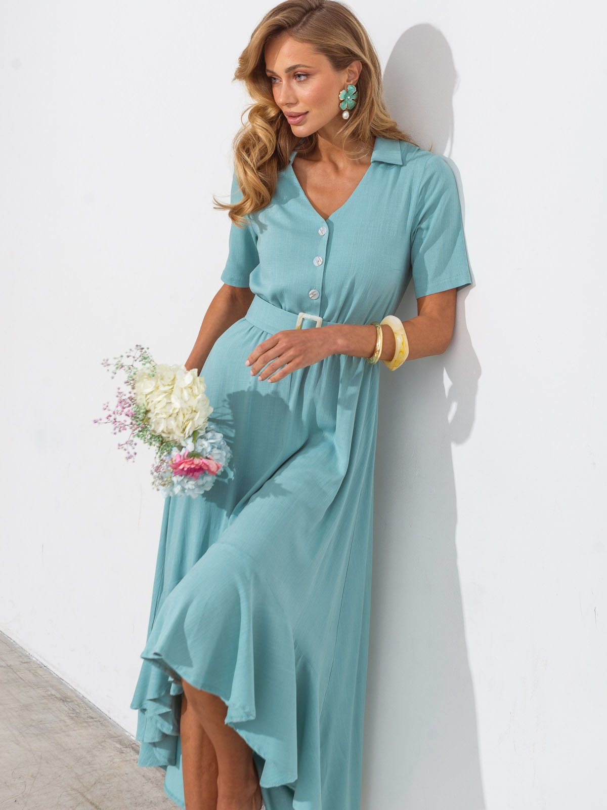 Лляна сукня бірюзова з асиметричним низом | 81437 Лляна сукня бірюзова з асиметричним низом | 81437