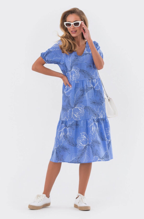 Льняне плаття оверсайз блакитне в принт | 81532
