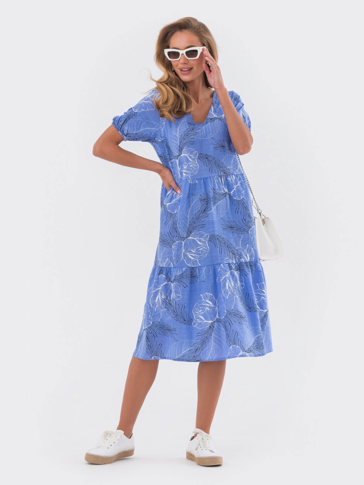 Льняне плаття оверсайз блакитне в принт | 81532