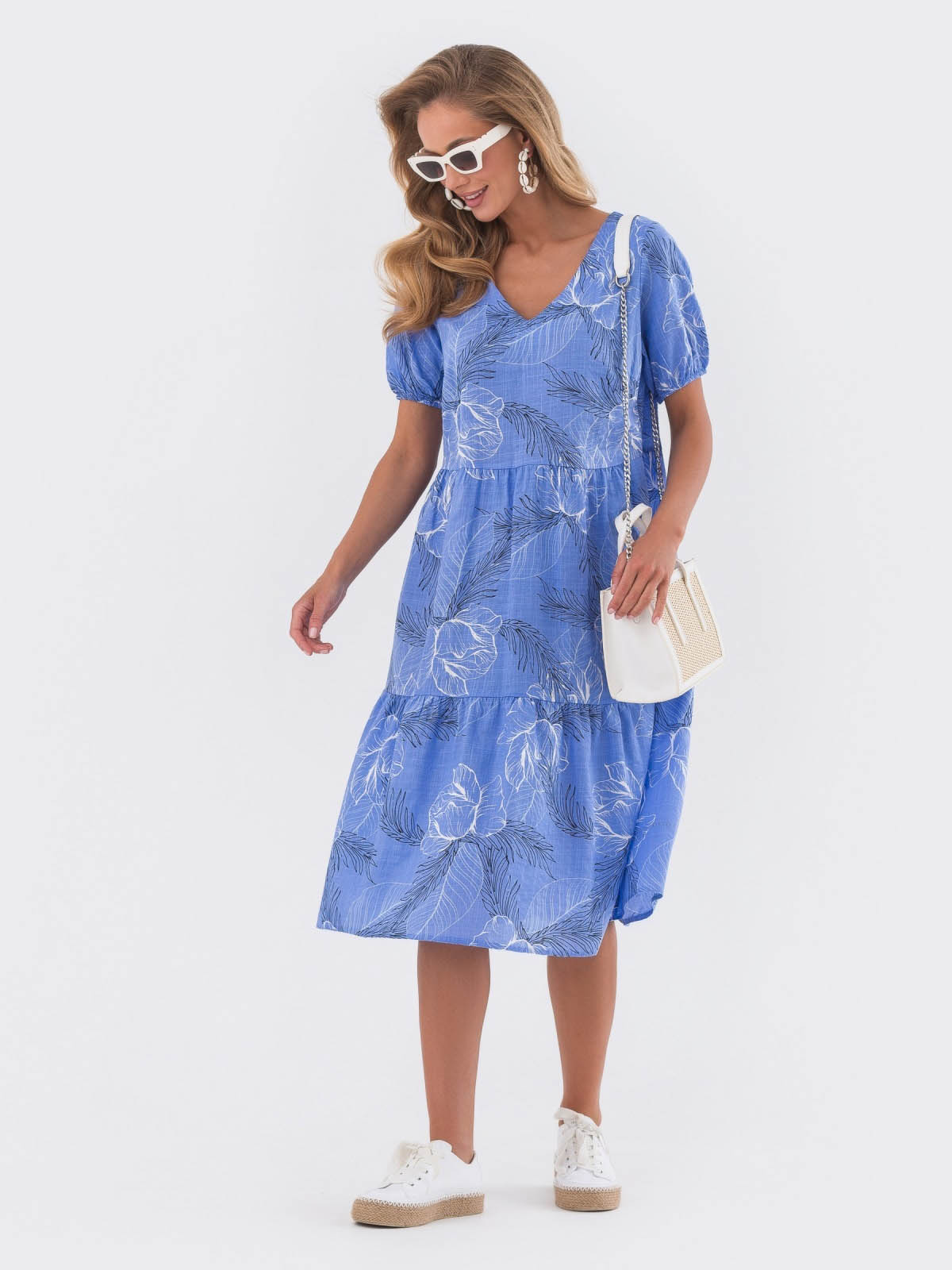 Льняне плаття оверсайз блакитне в принт | 81532