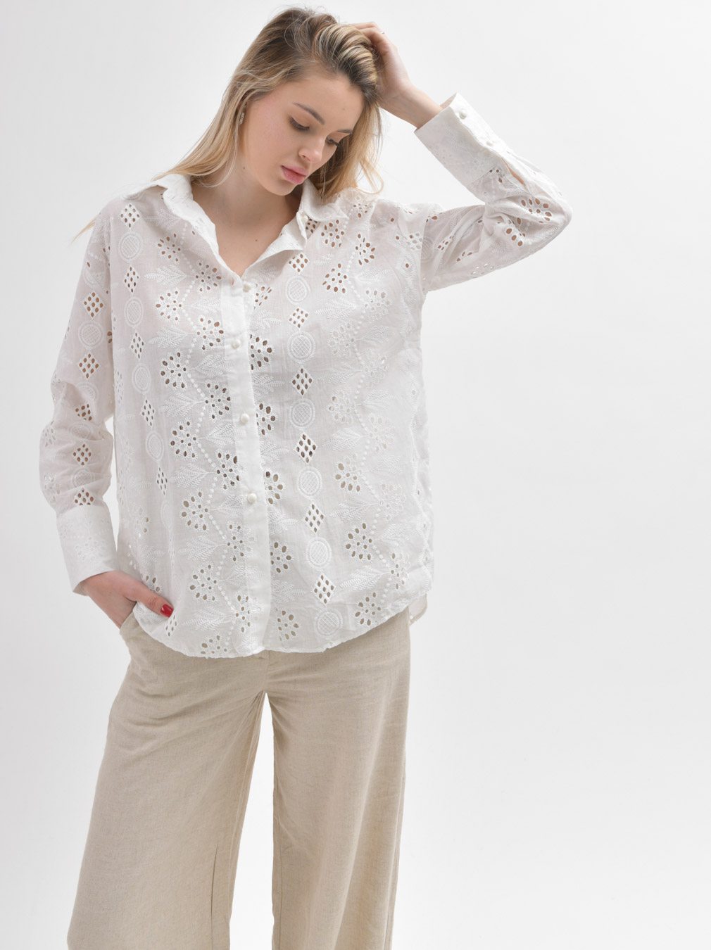Літня біла сорочка з прошви | 81355 Літня біла сорочка з прошви | 81355
