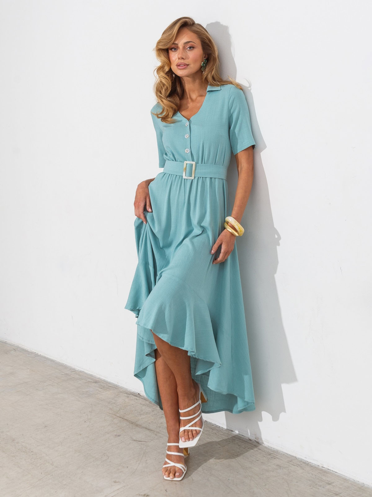 Лляна сукня бірюзова з асиметричним низом | 81437 Лляна сукня бірюзова з асиметричним низом | 81437