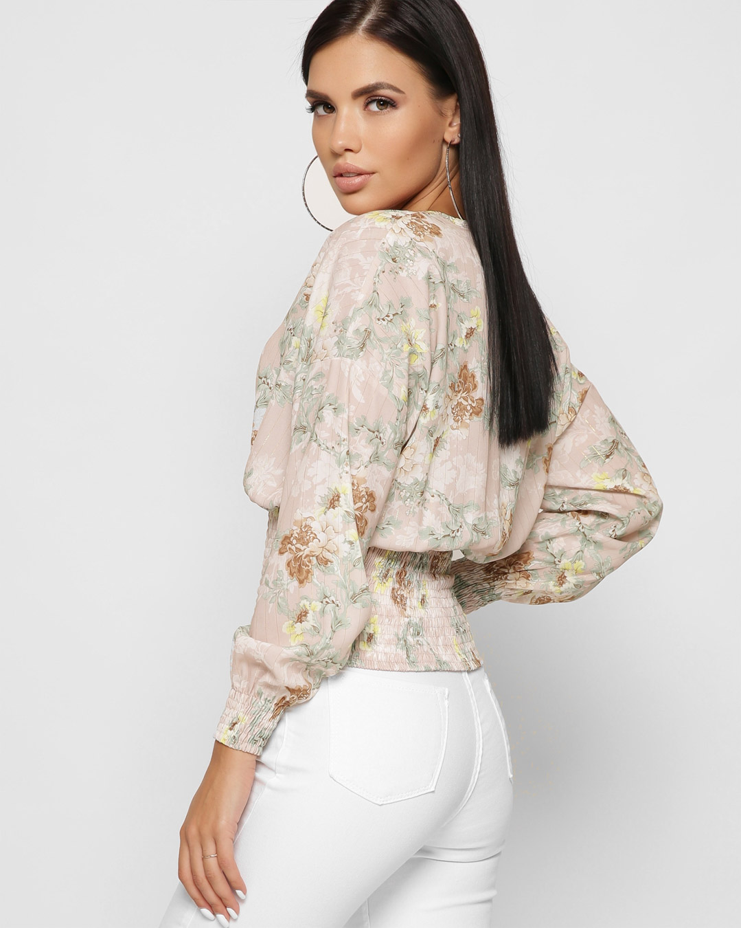 Шифонова блуза пудрова в квітковий принт | 81402