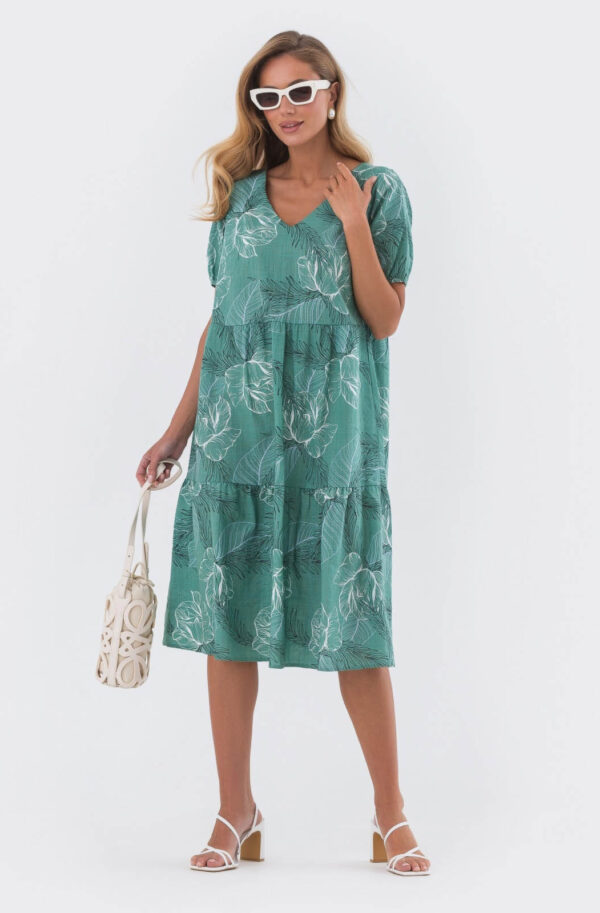 Льняне плаття оверсайз зелене в принт | 81524