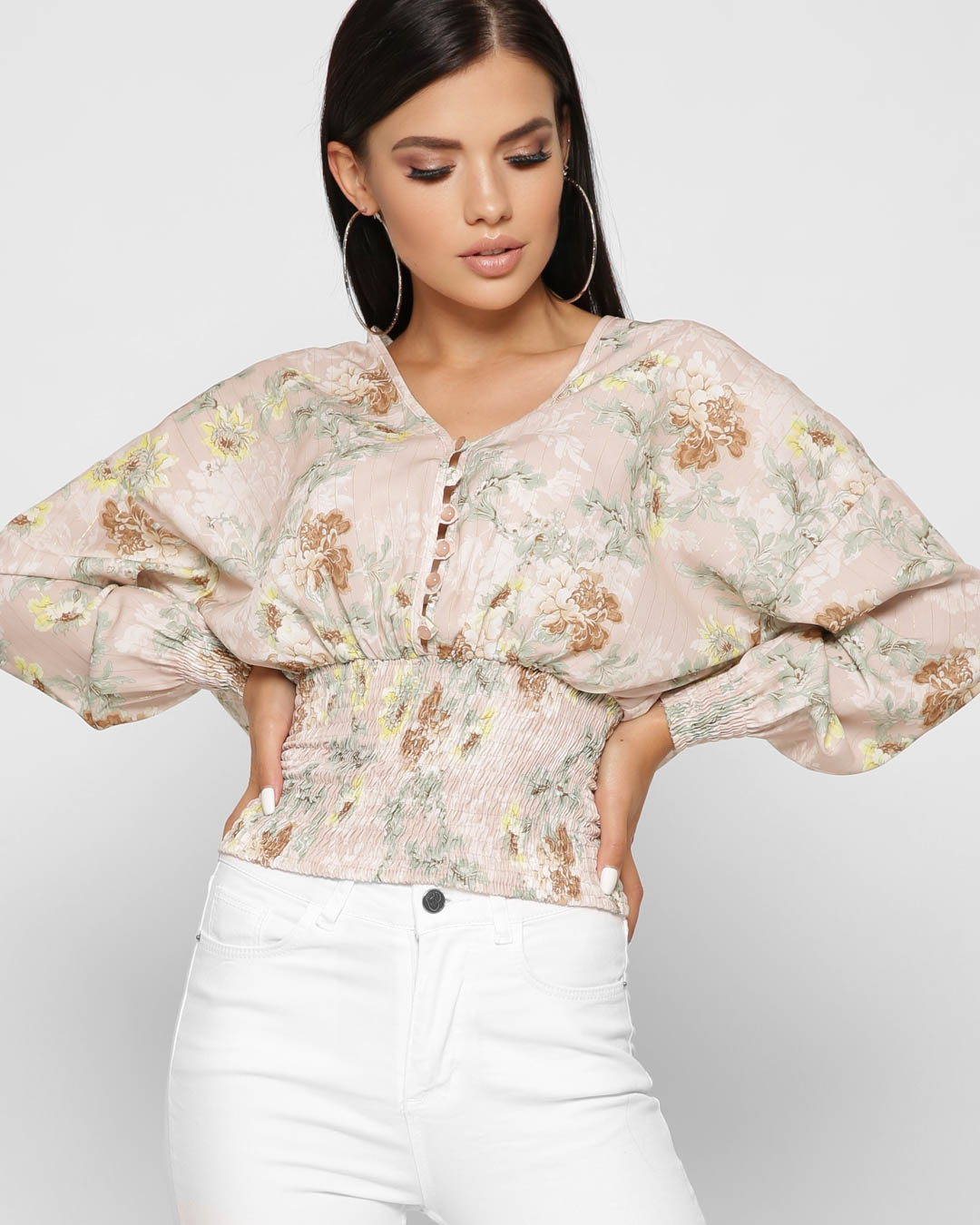 Шифонова блуза пудрова в квітковий принт | 81402