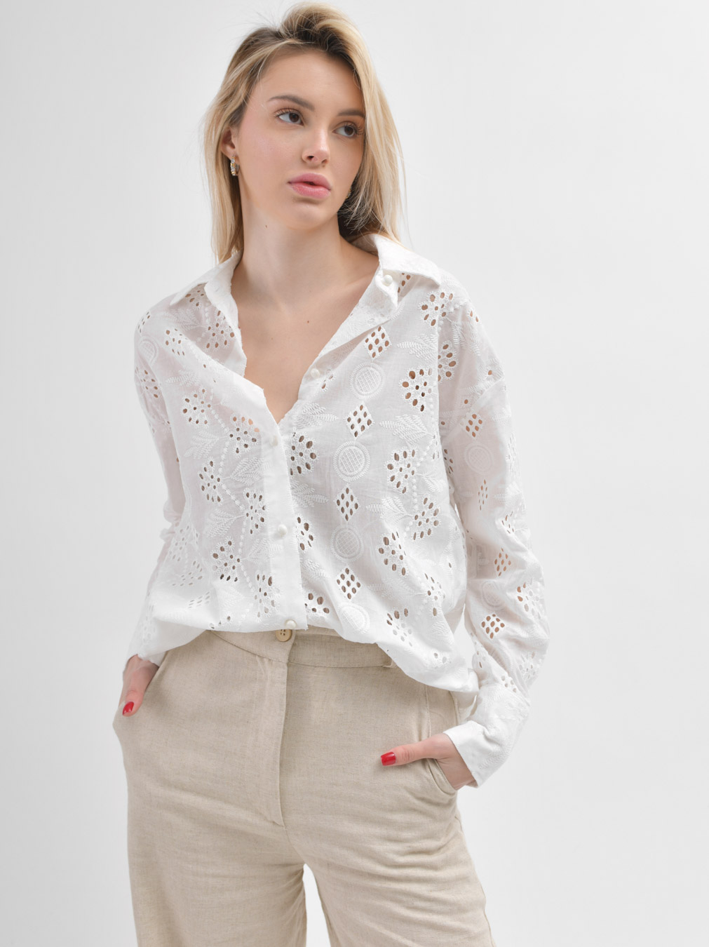 Літня біла сорочка з прошви | 81355 Літня біла сорочка з прошви | 81355
