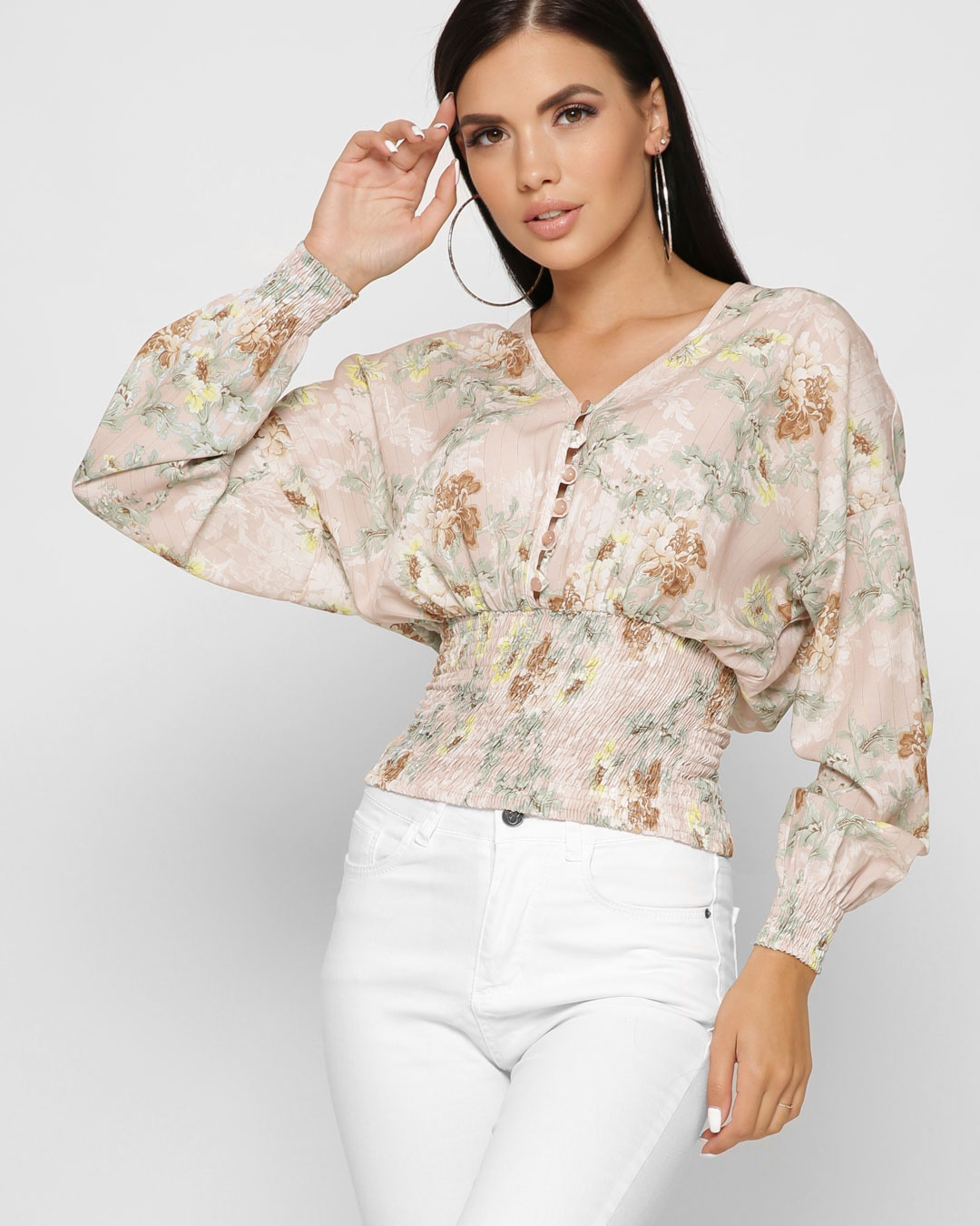 Шифонова блуза пудрова в квітковий принт | 81402