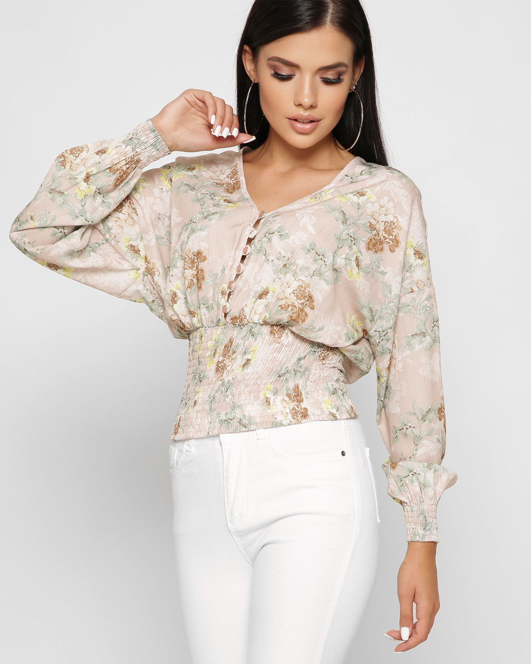 Шифонова блуза пудрова в квітковий принт | 81402