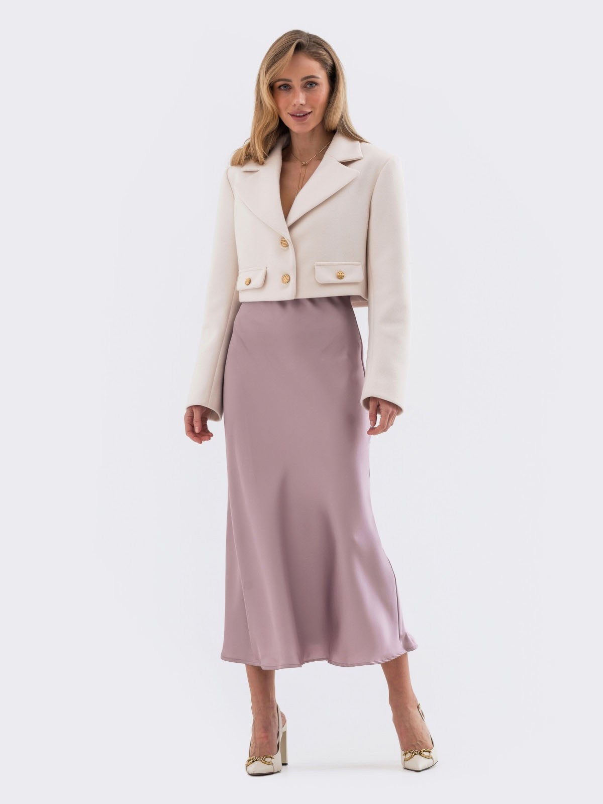 Сатинова спідниця пудрова міді довжини | 82988 Сатинова спідниця пудрова міді довжини | 82988