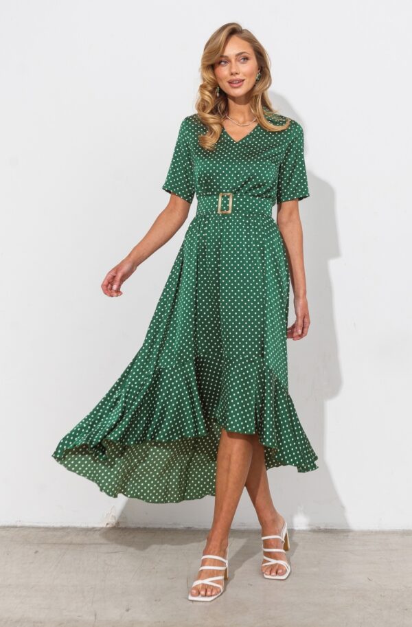 Шовкова сукня зелена в горошок з воланом | 83434