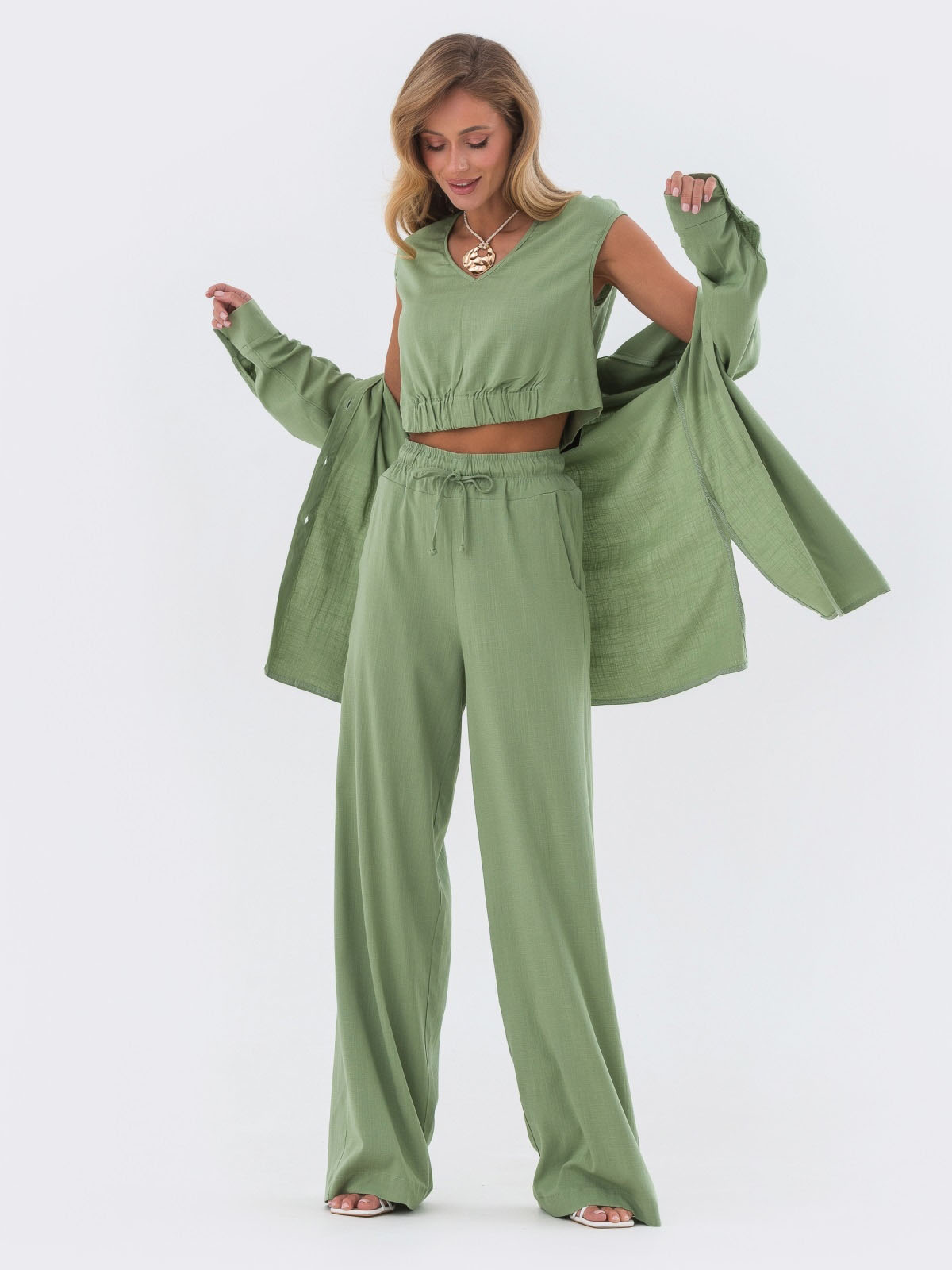 Літній костюм-трійка з льону зелений | 82352