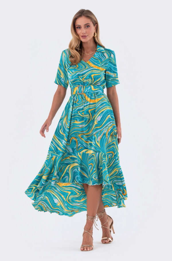 Шовкова сукня бірюзова в принт з воланом | 83447